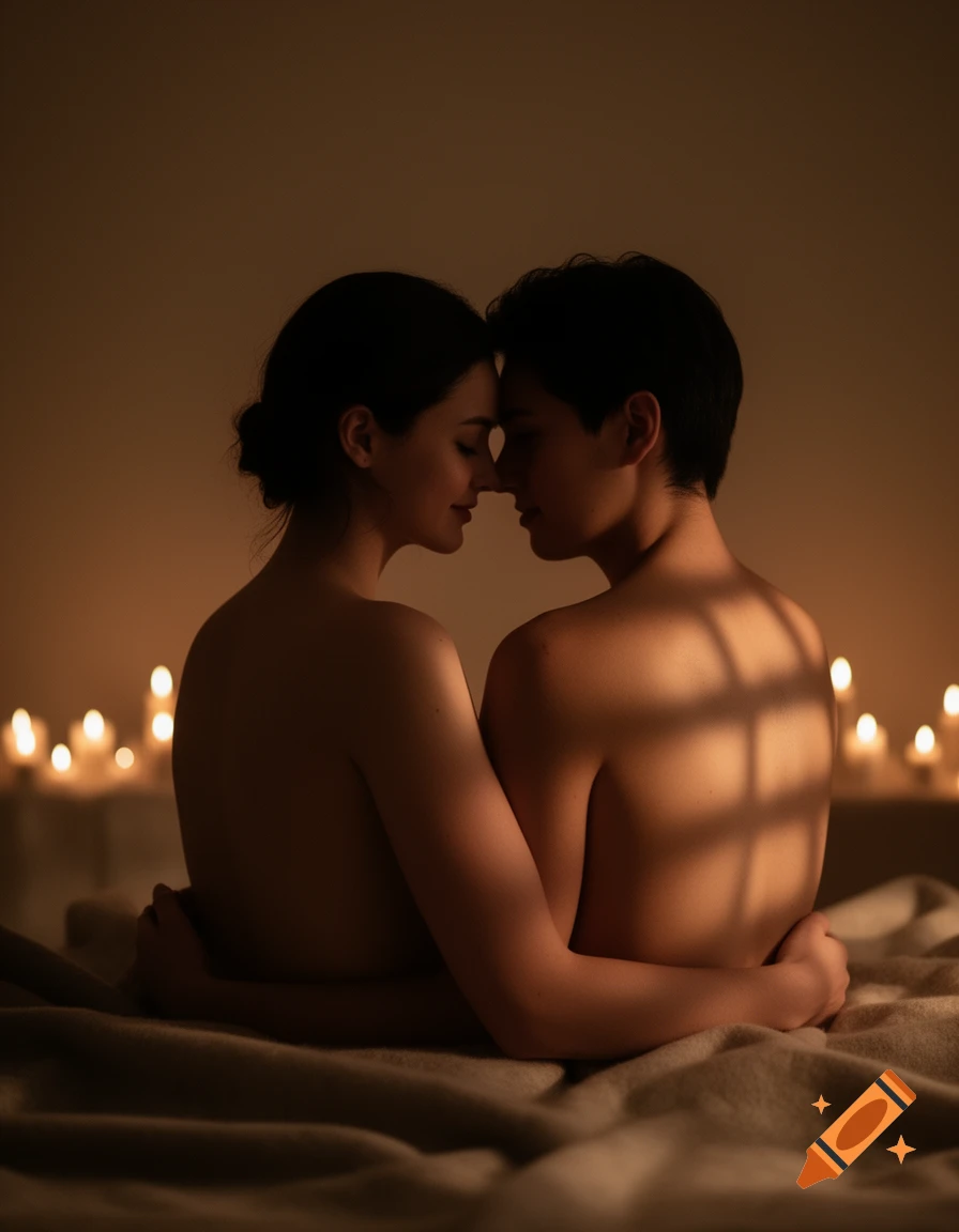 Two individuals embrace intimately in a candlelit room, foreheads touching, creating a warm and tender atmosphere.