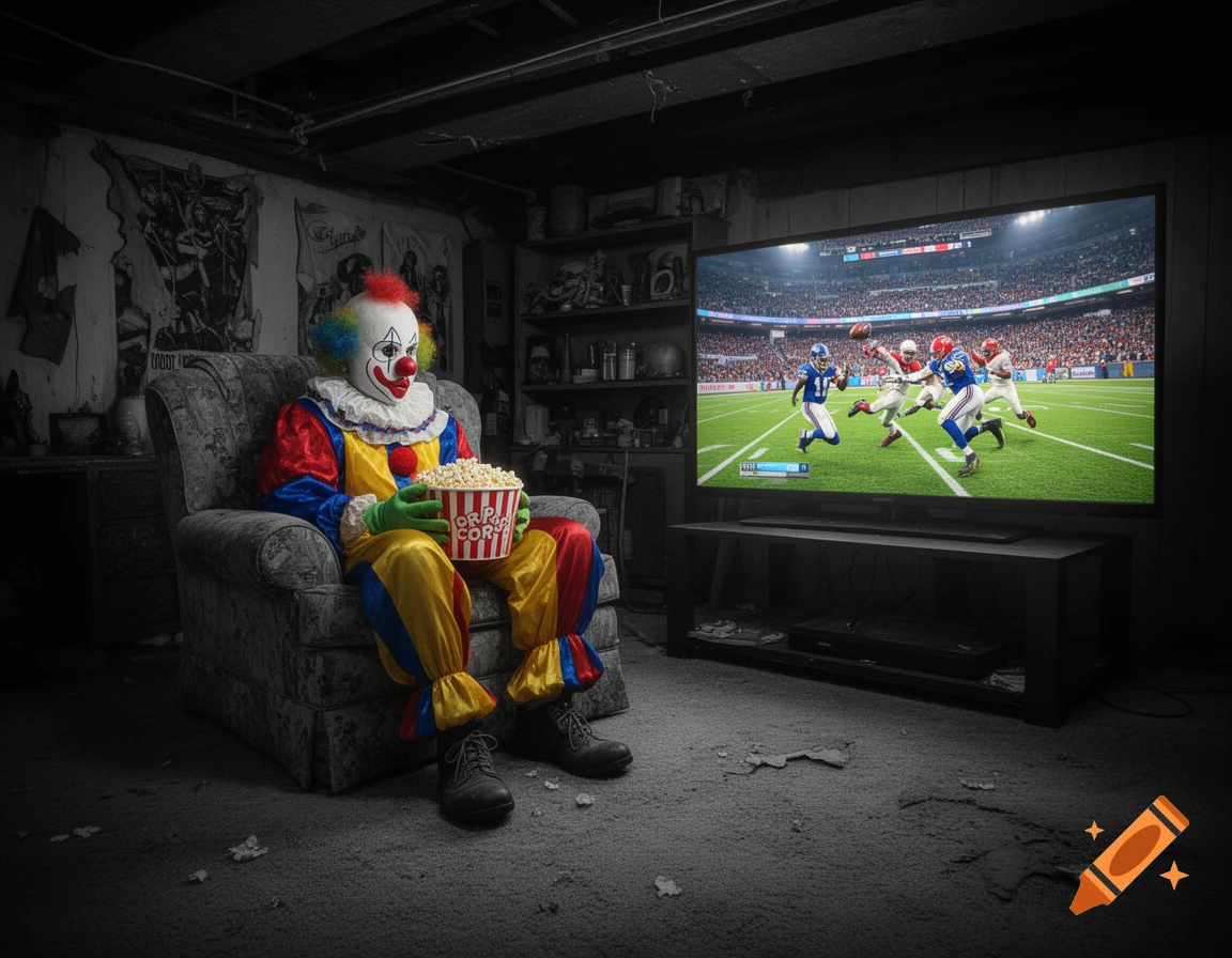 A clown in colorful attire sits in a worn armchair in a dark, grayscale basement, watching a vibrant football game on a large TV and eating popcorn.