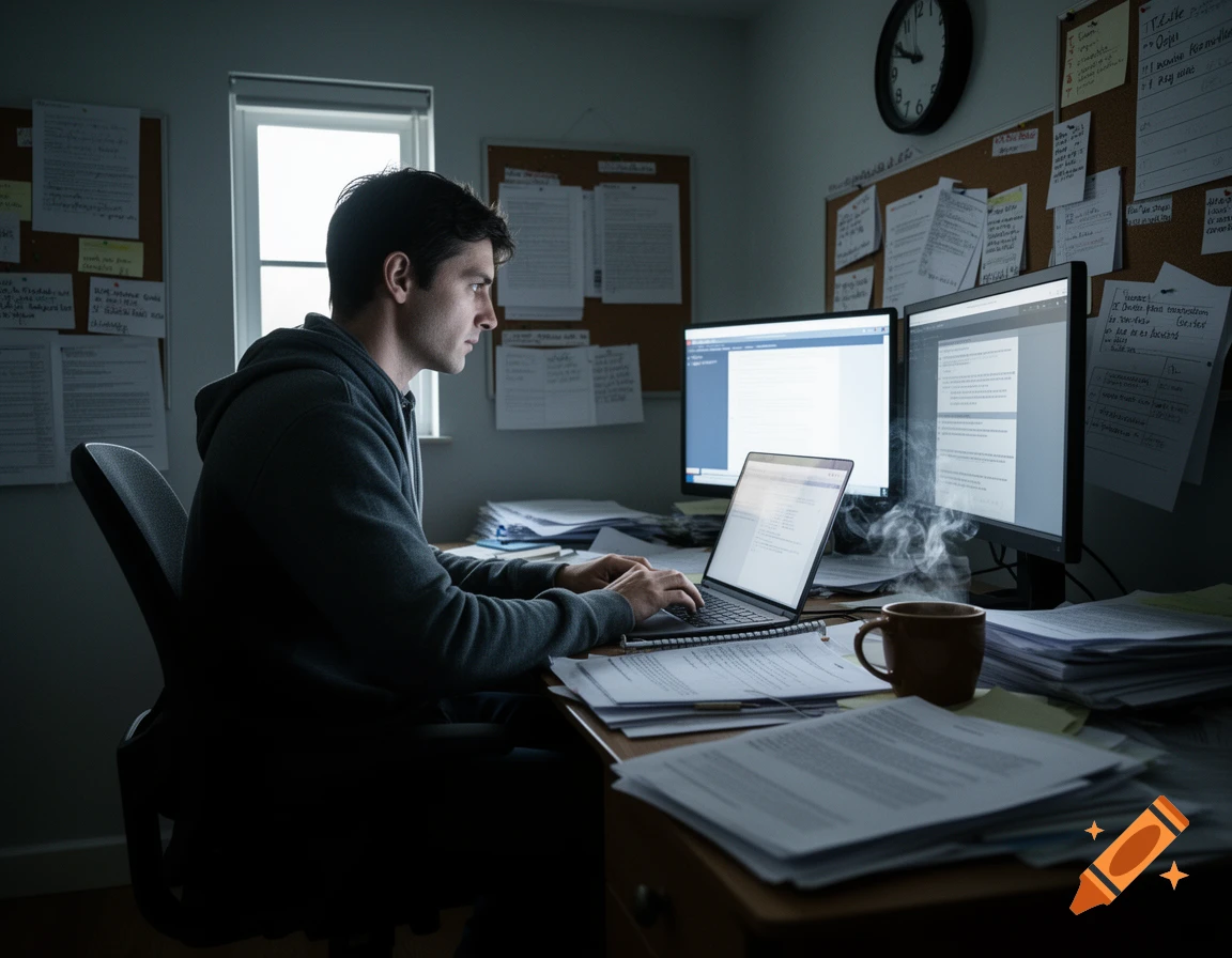 A man in a hoodie intently typing on a laptop in a dimly lit, cluttered office with multiple monitors and papers.
