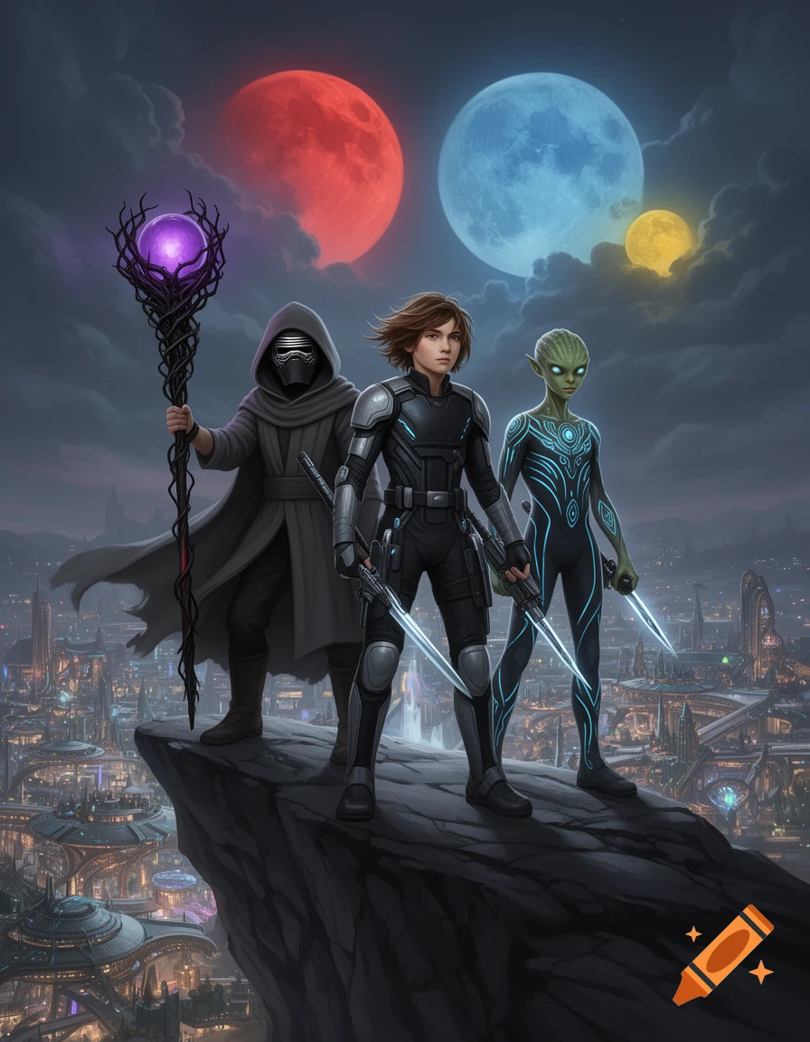 Three figures, a masked person, a human, and an alien, stand on a cliff overlooking a futuristic city under multiple colored moons. Science fantasy style.
