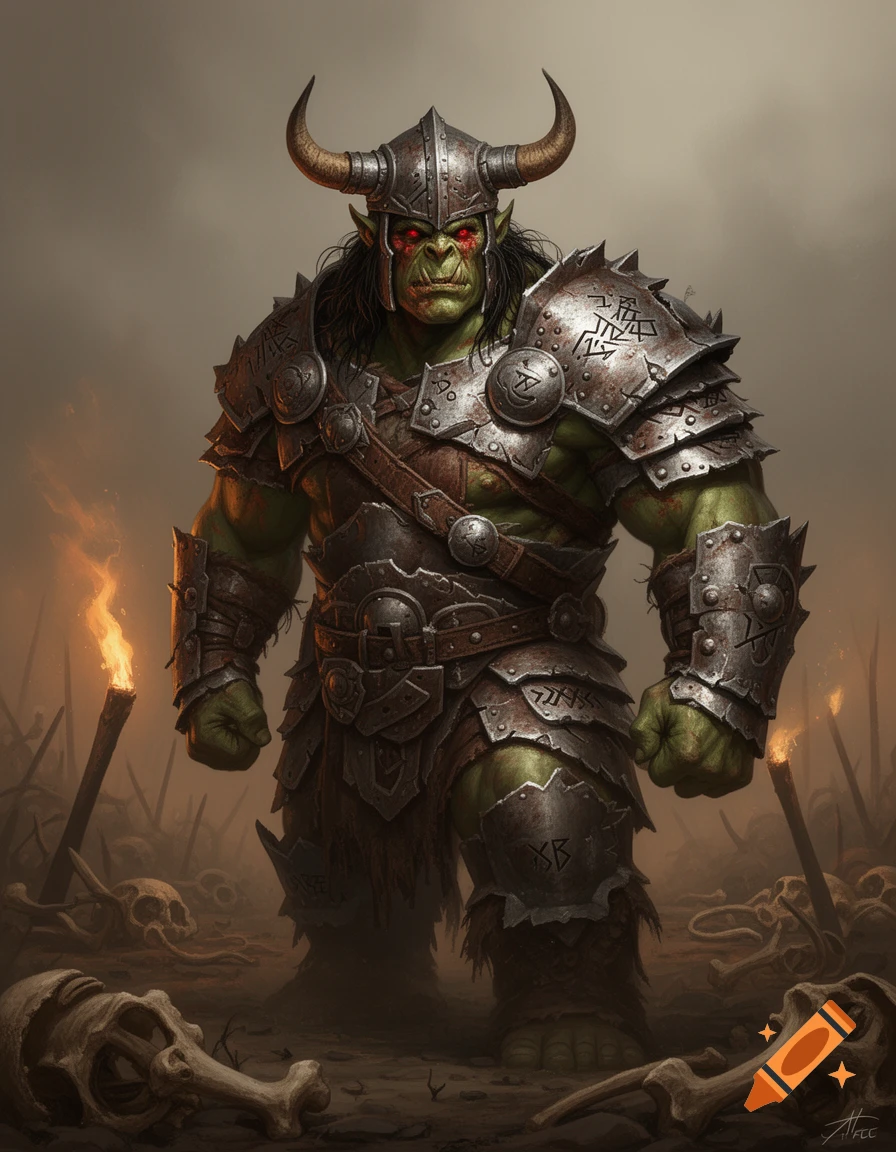 A hulking barbarian orc warrior in spiked scrap metal armor and a horned helmet, with glowing red eyes, stands amidst a foggy battlefield strewn with bones and torches.