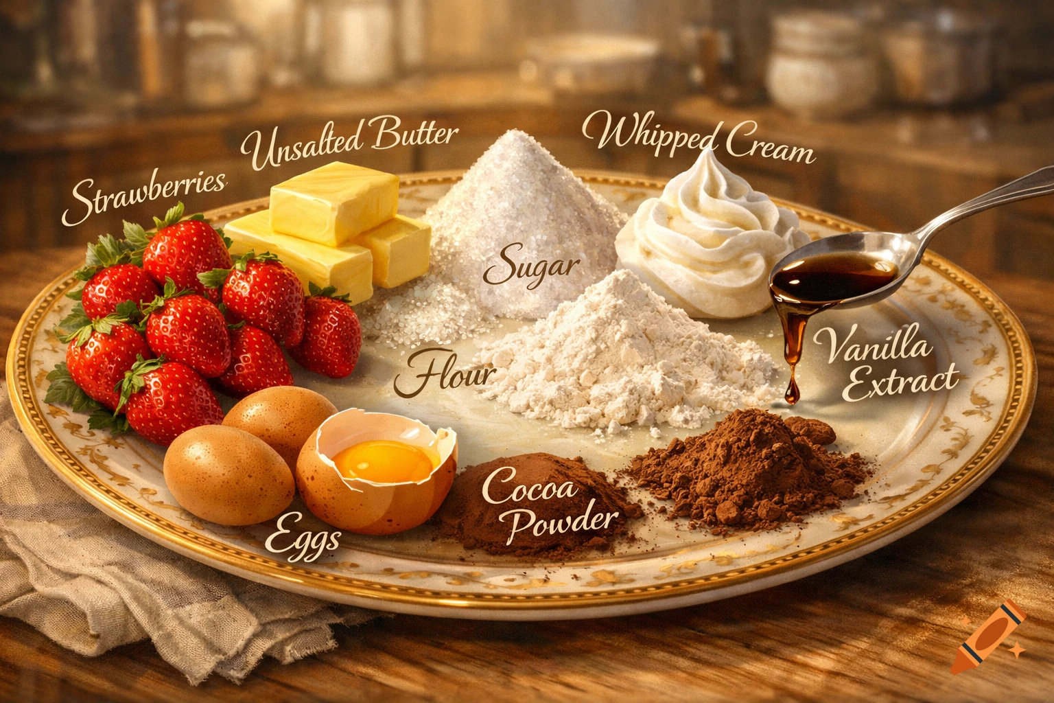 A detailed overhead shot of baking ingredients on a golden-rimmed plate, including labeled strawberries, butter, sugar, flour, and eggs.