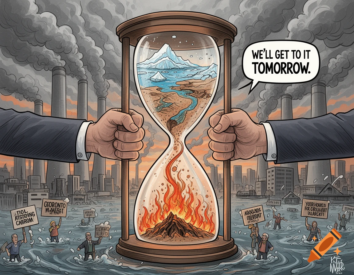 Political cartoon showing two large hands holding an hourglass with a melting arctic landscape on top and a burning landscape below, surrounded by flooded cities with polluting factories, and a speech bubble reading "WE'LL GET TO IT TOMORROW."