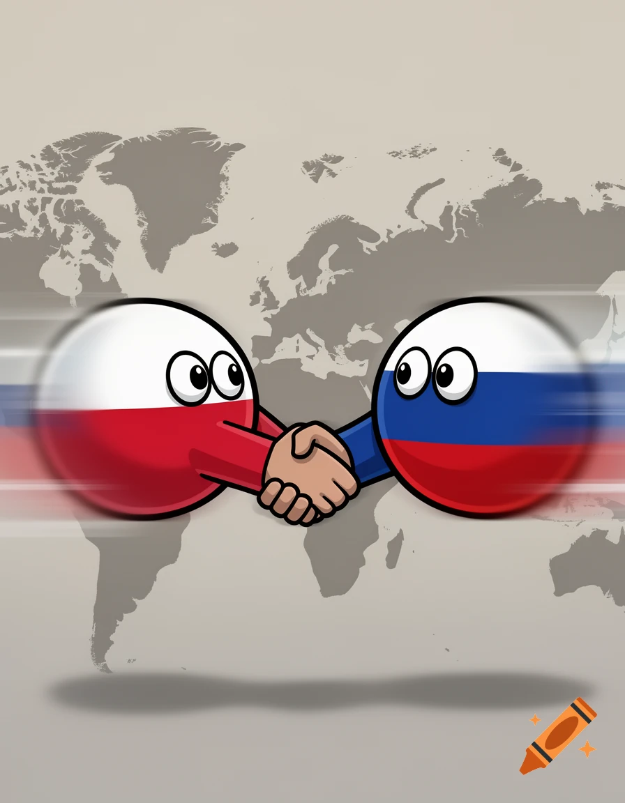 Cartoon countryballs representing Poland and Russia shake hands over a stylized world map, with motion blur on their hands.