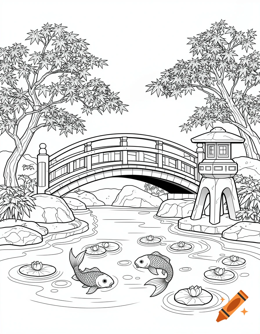Black and white line art of a traditional Japanese garden with a curved bridge over a koi pond, lotus pads, a stone lantern, and maple trees.