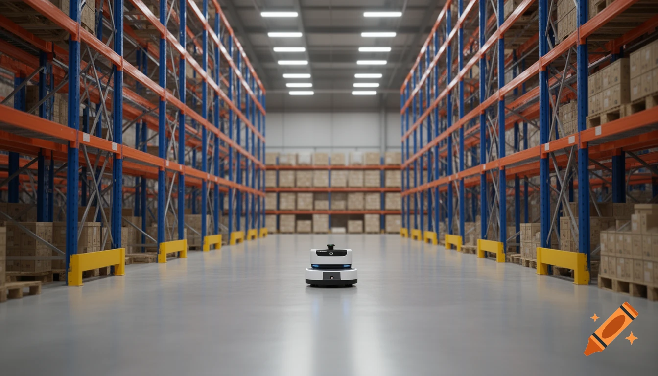 A small white and black mobile robot moves through a wide aisle in a photorealistic industrial warehouse with orange and blue storage racks.