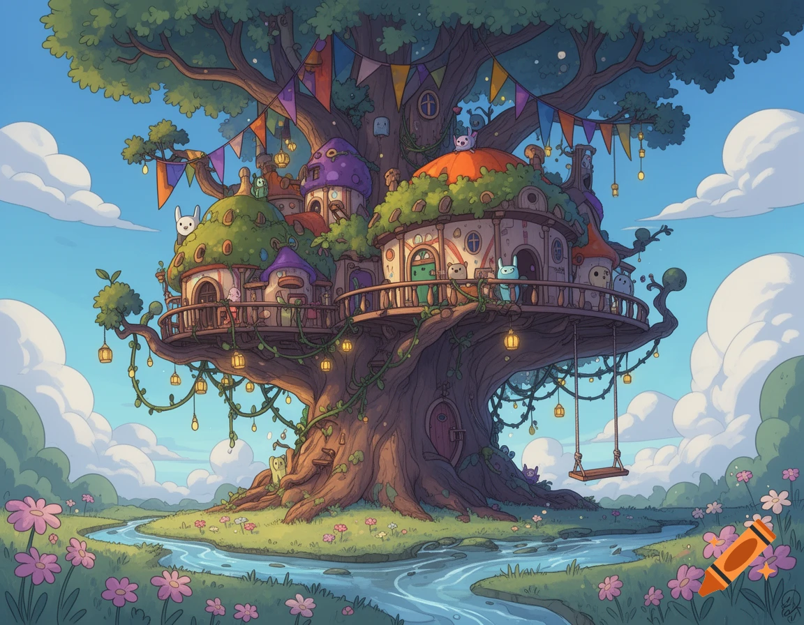 Whimsical Adventure Time-style treehouse with multiple colorful homes, swings, and tiny characters, surrounded by a flower field and river.