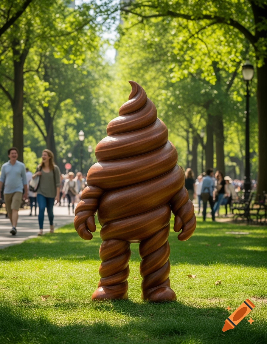 A photorealistic brown coiled poop man sculpture stands on green grass in a sunny park, with people walking in the background.