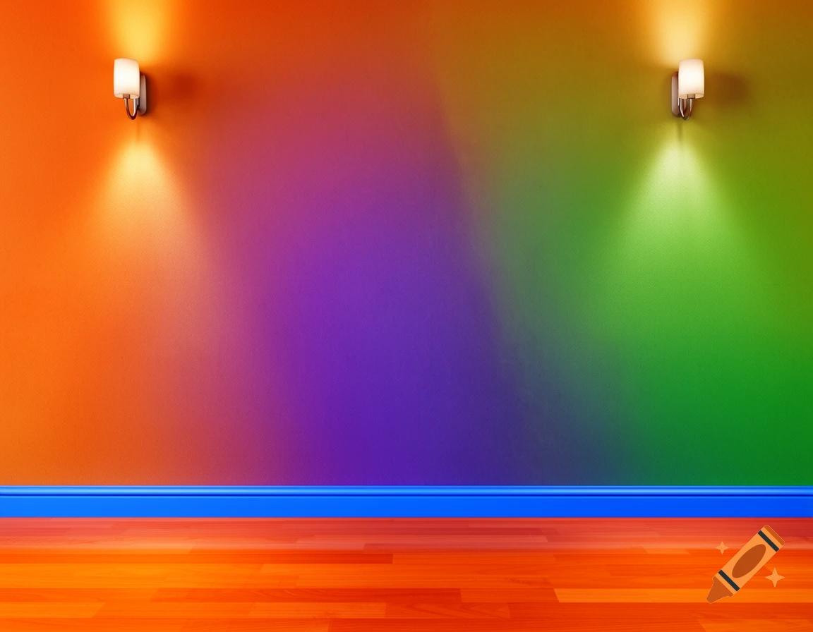 An empty room with an orange, purple, and green gradient wall, two sconces, a blue baseboard, and an orange wooden floor.