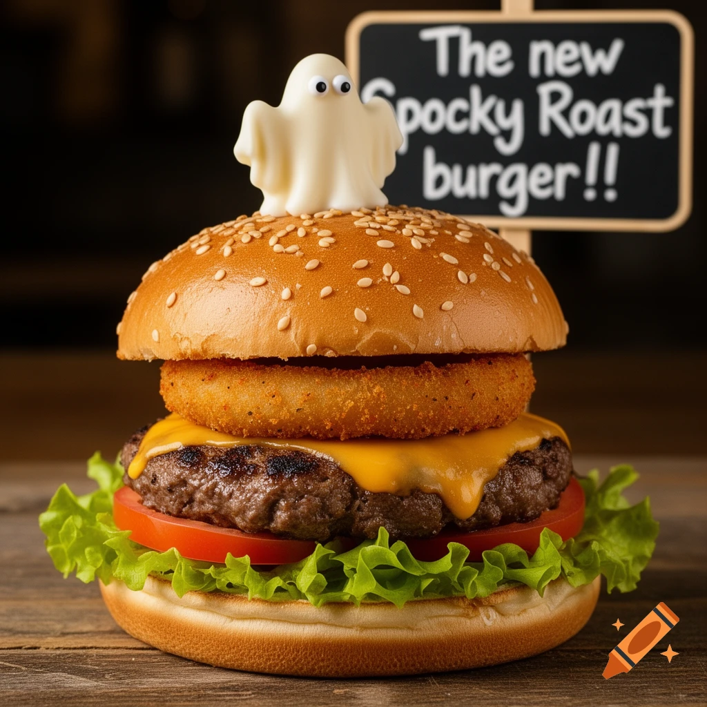 A photorealistic burger topped with a ghost figure, onion ring, cheese, patty, lettuce, and tomato on a wooden table, with a sign in the background.