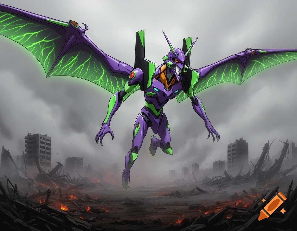 A purple and green winged mecha, similar to Eva 01, flies over a ruined city with fires burning.