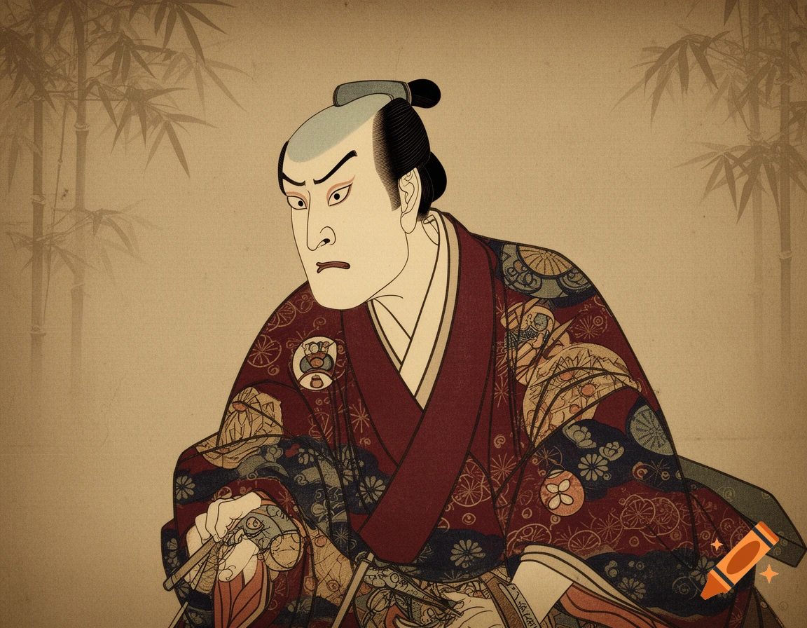 An ukiyo-e style portrait of a Japanese man with traditional hair and makeup, wearing an elaborately patterned kimono, against a bamboo background.