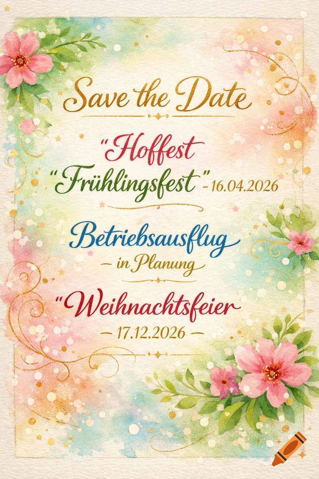A colorful watercolor "Save the Date" invitation with pink flowers, green leaves, gold swirls, and event details.