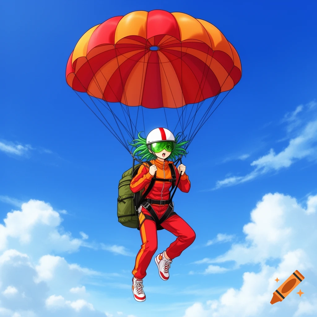 Anime girl with green hair, red and orange tracksuit, white helmet, and green visor, parachuting with a red and orange chute in a blue sky with clouds.