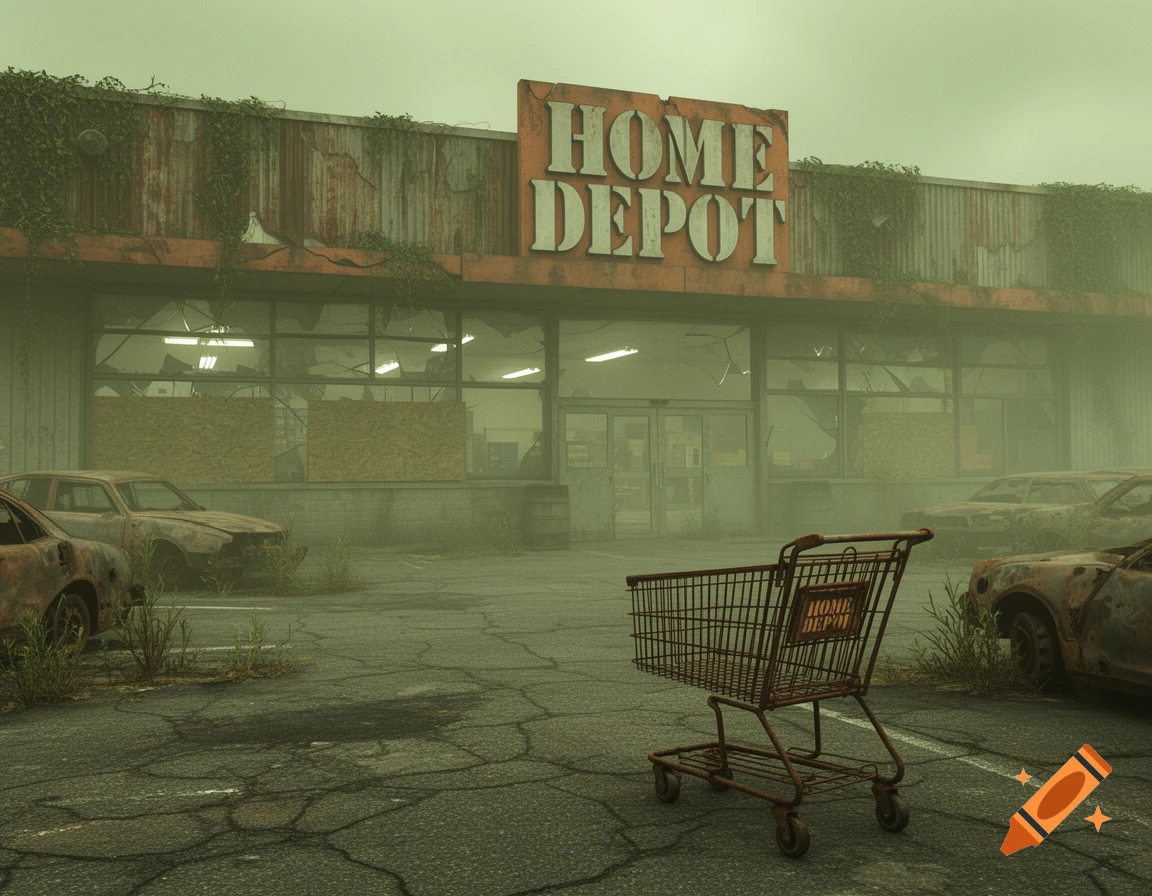 An abandoned Home Depot store in a post-apocalyptic, foggy landscape, with rusted cars and a shopping cart in the foreground.