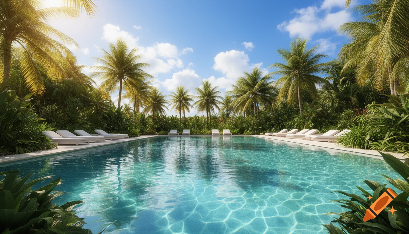 Tropical swimming pool with lounge chairs surrounded by lush palm trees under a sunny blue sky.