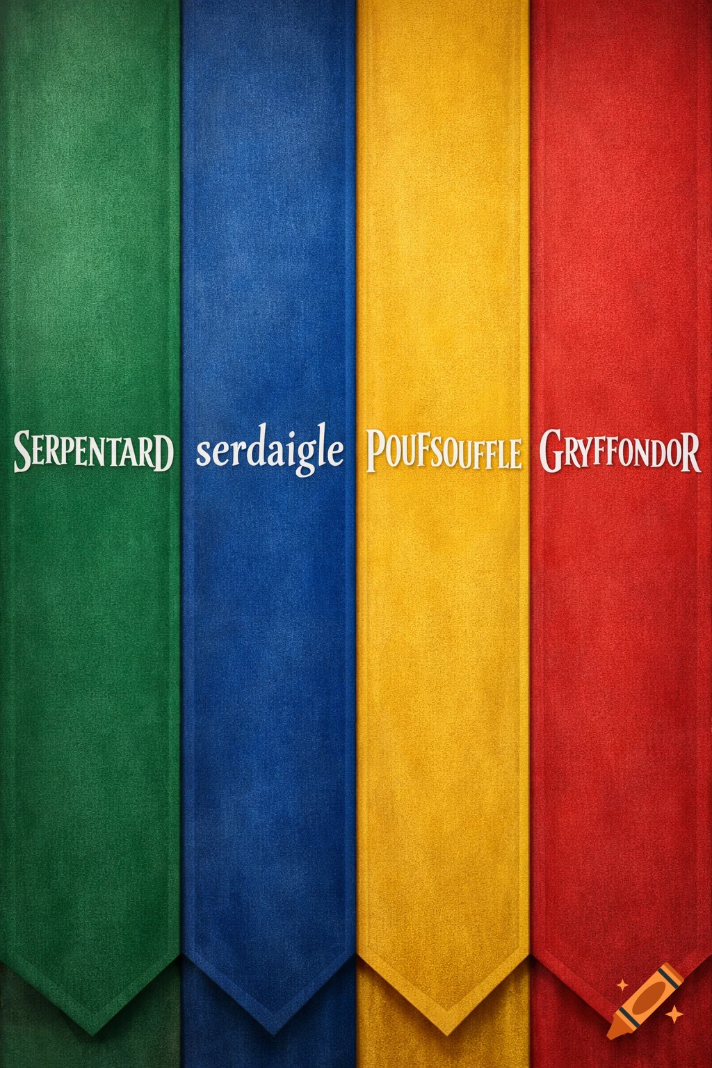 Four vertical fabric banners in green, blue, yellow, and red. Each banner has a Harry Potter house name in white text: Serpentard, Serdaigle, Poufsouffle, Gryffondor.