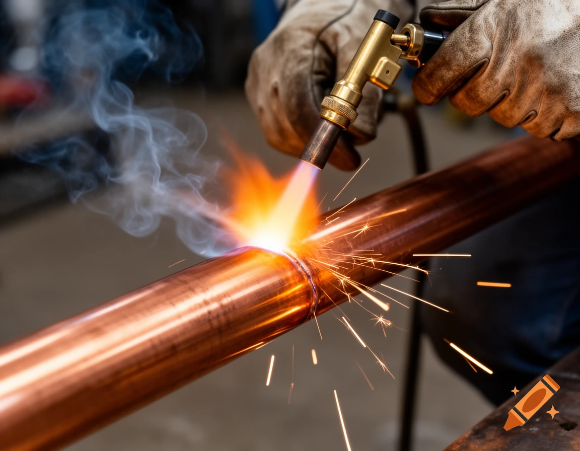 Close-up of gloved hands soldering a copper pipe with a torch, creating bright sparks and smoke, in a photorealistic style.