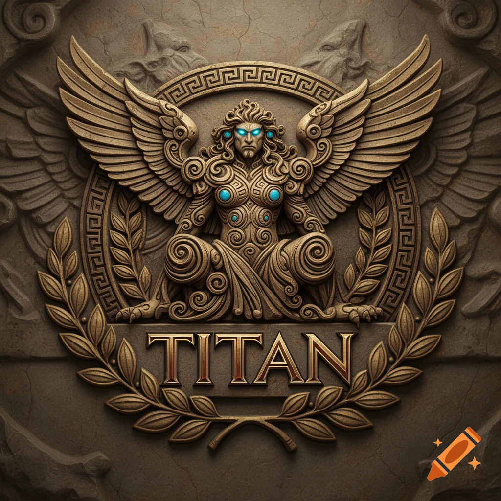 A golden relief carving of a winged figure with glowing blue eyes and chest gems, surrounded by a laurel wreath and the word TITAN, against a stone background.