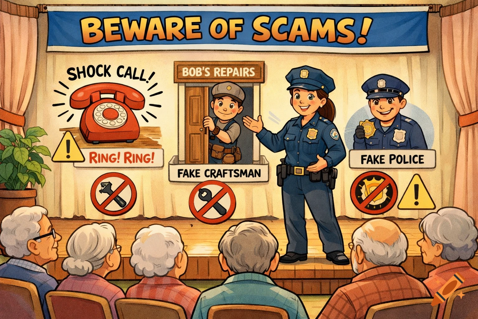 Comic illustration of a police officer on a stage explaining scam scenarios to a senior audience, with examples like shock calls, fake craftsmen, and fake police.