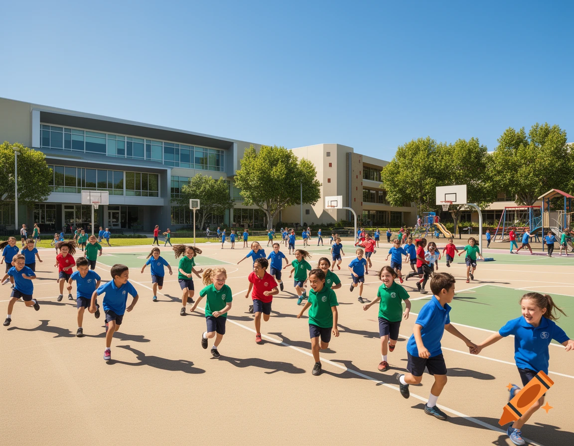 Many children in blue, green, and red shirts run across a school playground with school buildings in the background.