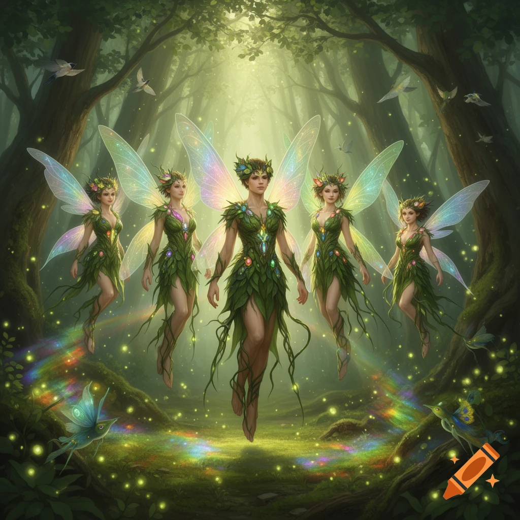 Five ethereal fairies with glowing wings and leaf costumes float in an enchanted forest with sparkling light and rainbow trails.