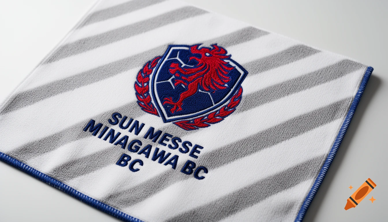 Close-up of a white and gray striped towel featuring an embroidered red and blue soccer team logo and blue text 'SUN MESSE MINAGAWA BC'.