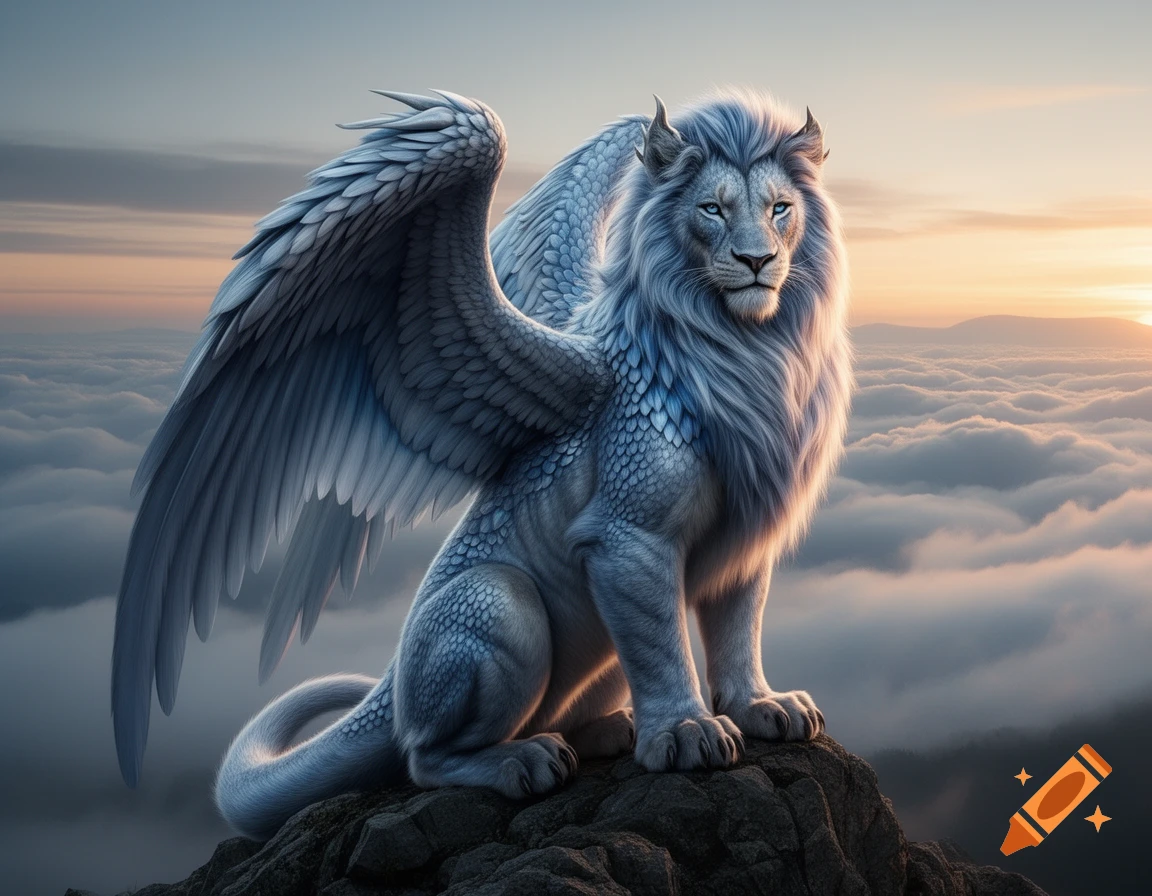 A majestic white winged lion with blue fur and horns sits on a rocky mountain peak above a sea of clouds at sunrise.