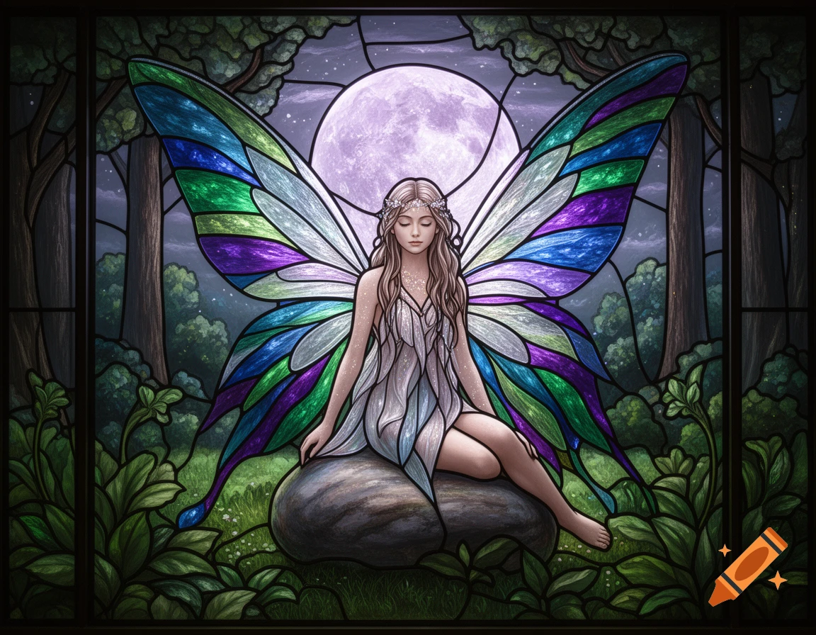 Stained glass fairy with vibrant blue, green, and purple wings sitting on a rock under a full moon.