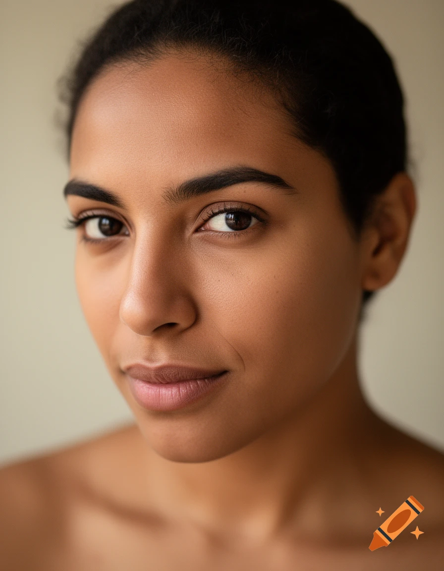 Close-up photorealistic portrait of a woman with dark skin and hair ...