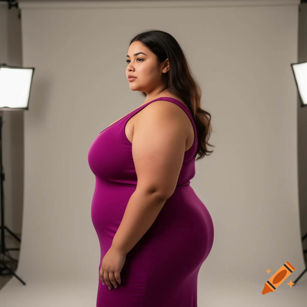 A plus-size woman with dark hair in a vibrant purple dress stands in profile in a studio with lighting equipment.