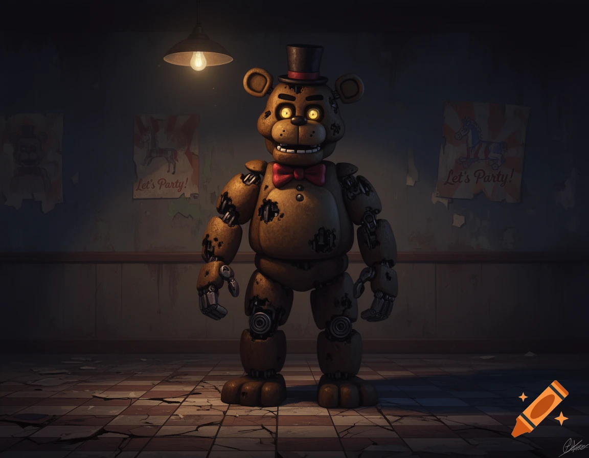A brown animatronic bear, Freddy Fazbear, with glowing yellow eyes, a top hat, and red bow tie, stands in a dimly lit, worn room with "Let's Party!" posters.