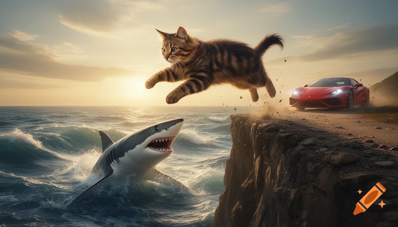 Photorealistic tabby cat jumps off a cliff into the ocean towards a shark, pursued by a red sports car at sunset.