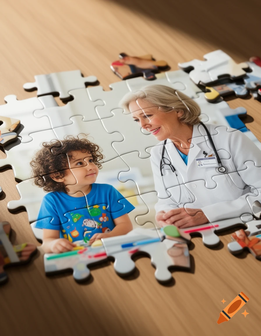 A photorealistic jigsaw puzzle on a wooden table, depicting a smiling pediatrician looking at a young child.