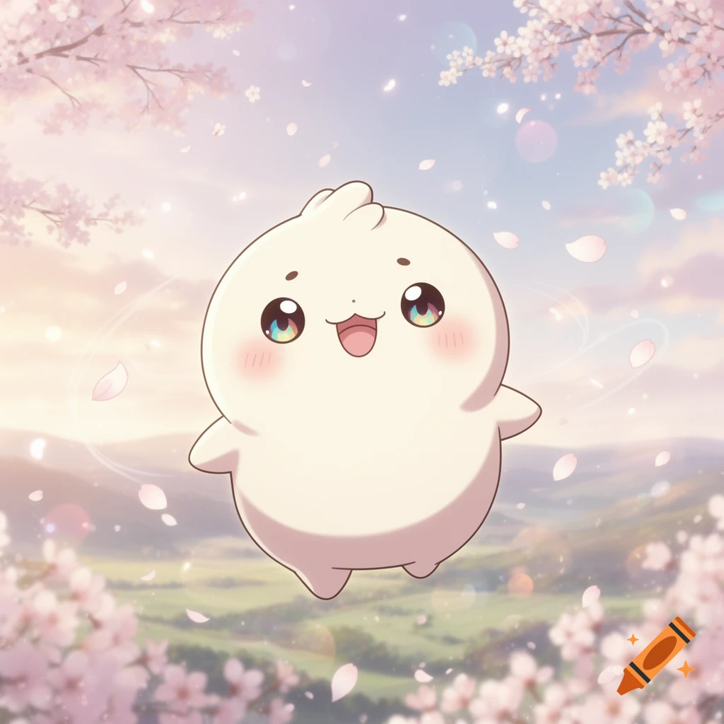 A cute, round white Chiikawa-like character with colorful eyes floats happily amidst falling pink cherry blossoms in a soft, pastel anime landscape.