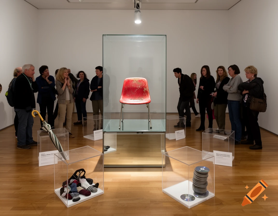 People in an art gallery view an exhibition featuring a red chair in a glass case, an umbrella, socks, and CDs in other cases, all labeled.