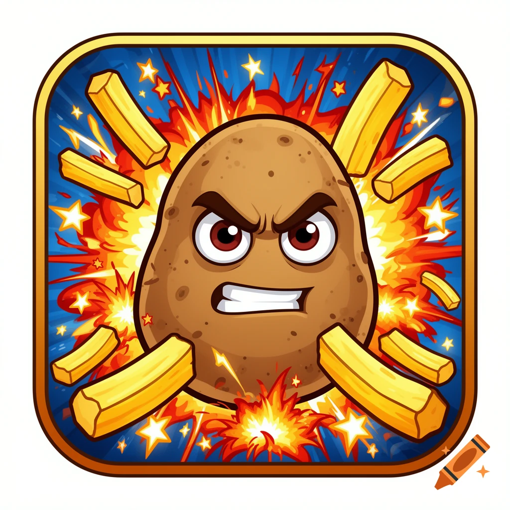 Vibrant cartoon game icon of an angry potato amidst explosions and flying french fries.