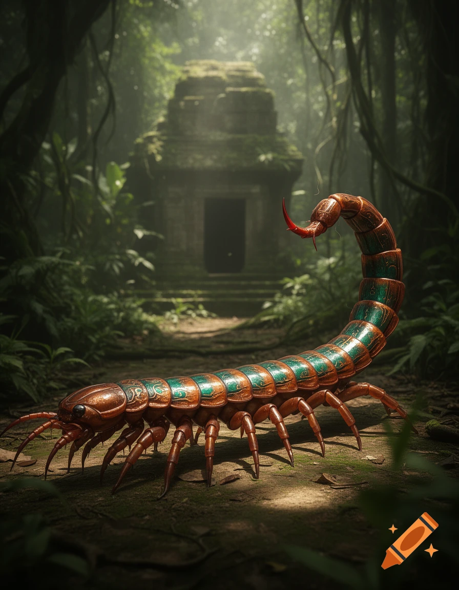 A detailed, bronze and teal centipede-scorpion hybrid crawls on a jungle path towards an ancient, moss-covered temple.
