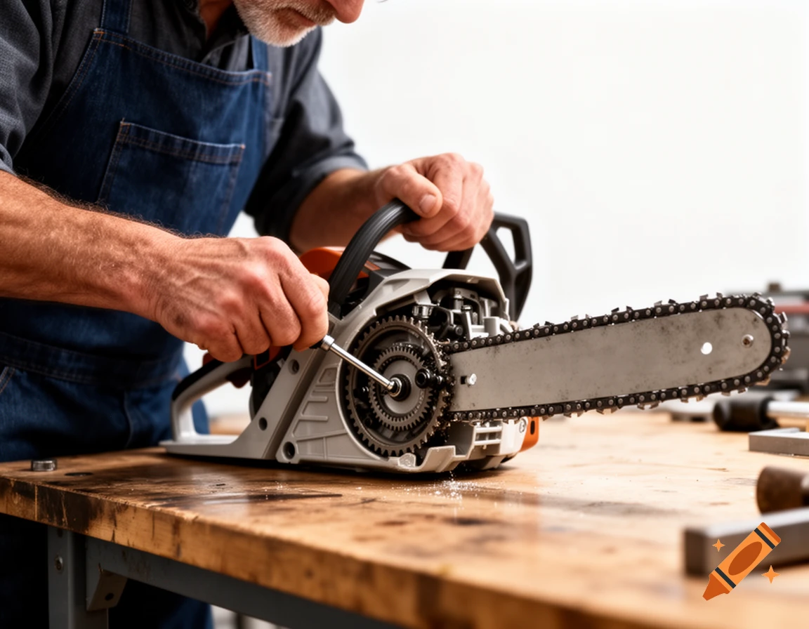 Man in an apron repairing a chainsaw with a screwdriver on a wooden workbench, photorealistic style.