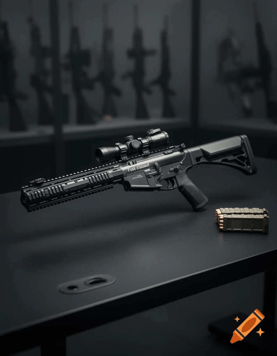 A photorealistic image of a black assault rifle with a scope, a magazine of bullets, resting on a dark table.
