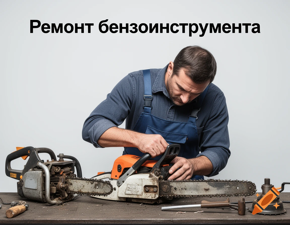 A man in blue overalls repairs a chainsaw on a workbench under the text 'Ремонт бензоинструмента'. Photorealistic.
