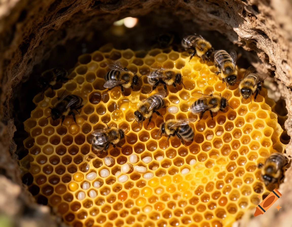 Photorealistic close-up of a vibrant yellow honeycomb with many honeybees and white larvae inside a dark nest.