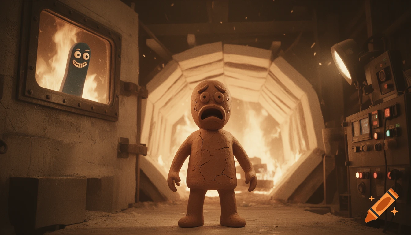 Claymation character Pokey is horrified, sweating and cracking, in a fiery kiln room, while Gumby laughs from a window.