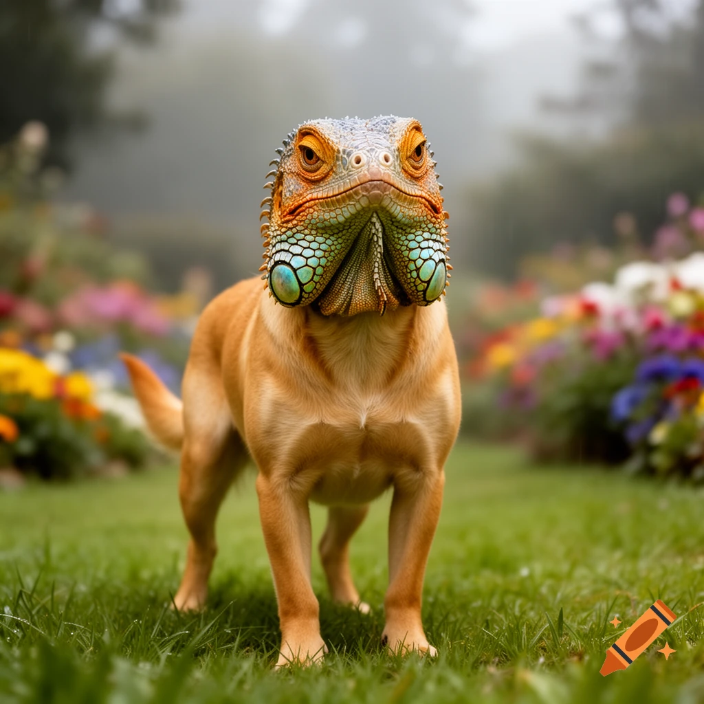 Photorealistic image of a dog with an iguana head, standing in a vibrant green garden with colorful flowers in the background.