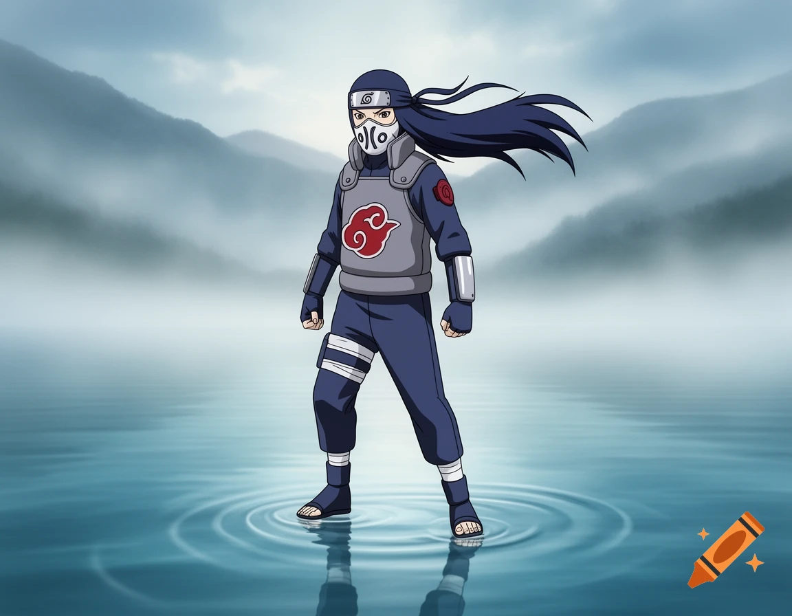 Naruto-style tracker ninja with a mask and blue outfit standing on rippling water, misty mountains in the background.