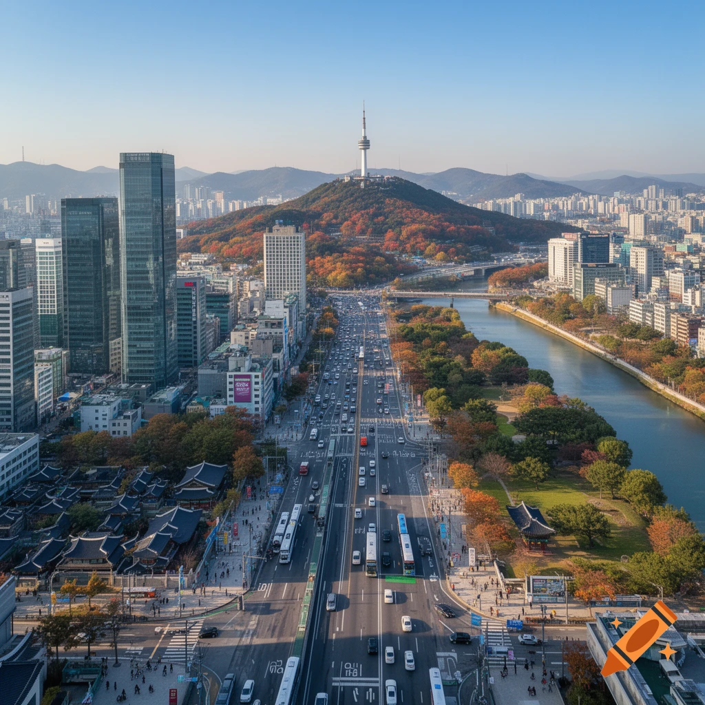 Aerial view of Seoul showing Namsan Tower on a tree-covered hill, a multi-lane road with cars, a river, and city buildings on a clear day.