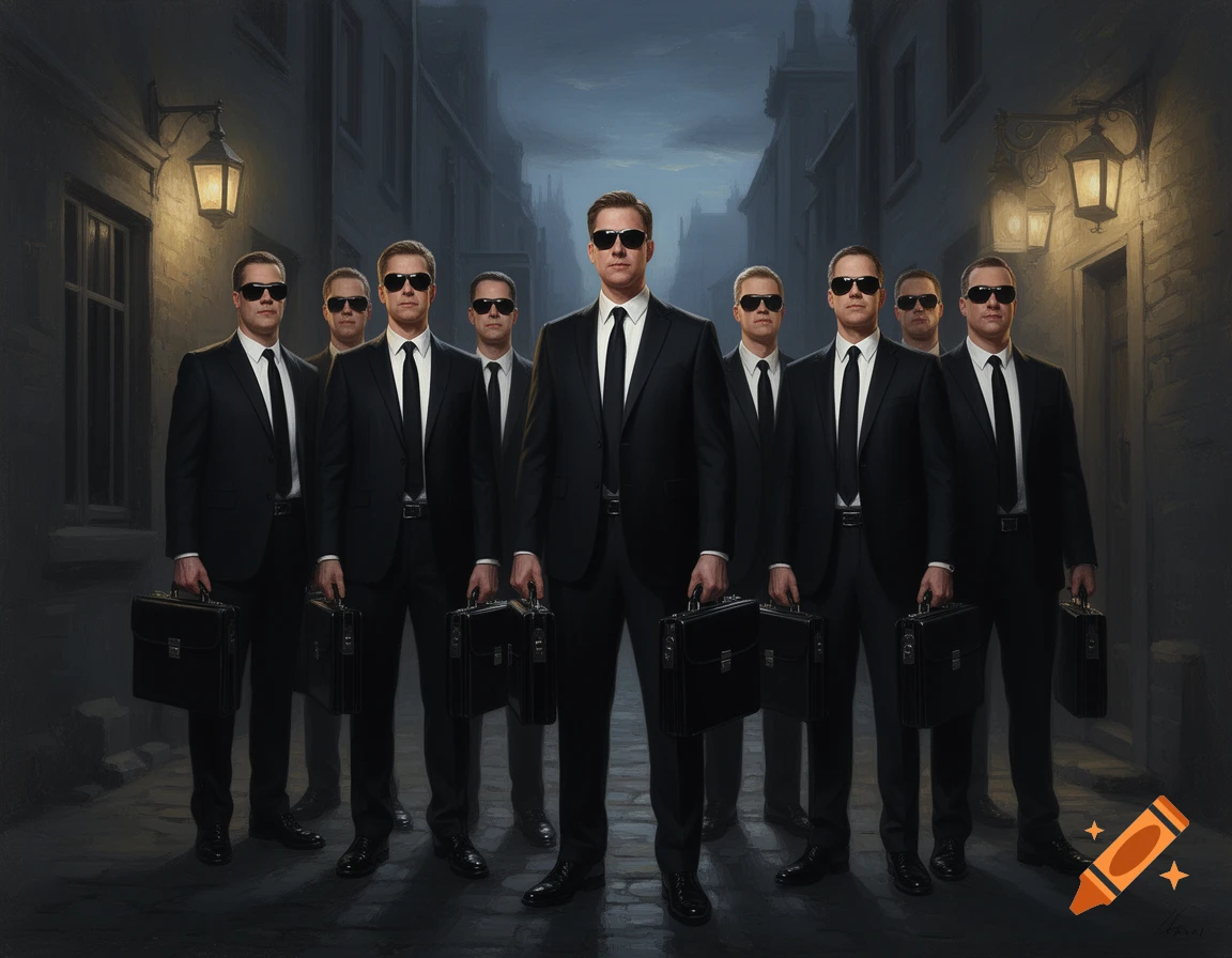 Eight men in black suits, sunglasses, and ties, holding briefcases, stand on a dark, lamp-lit cobblestone street in a painting.