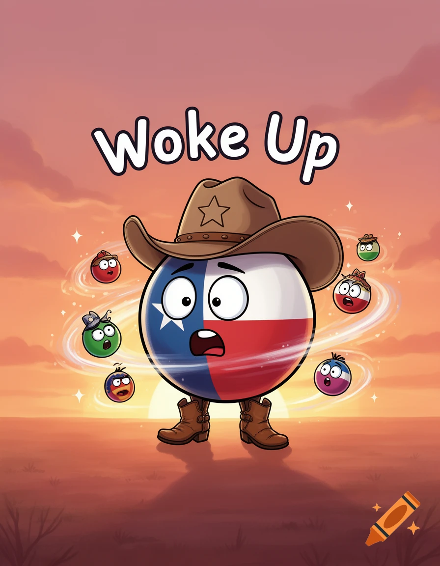 Cartoon Texas flag country ball in cowboy hat and boots, looking surprised, with 'Woke Up' text, surrounded by other country balls at sunset.