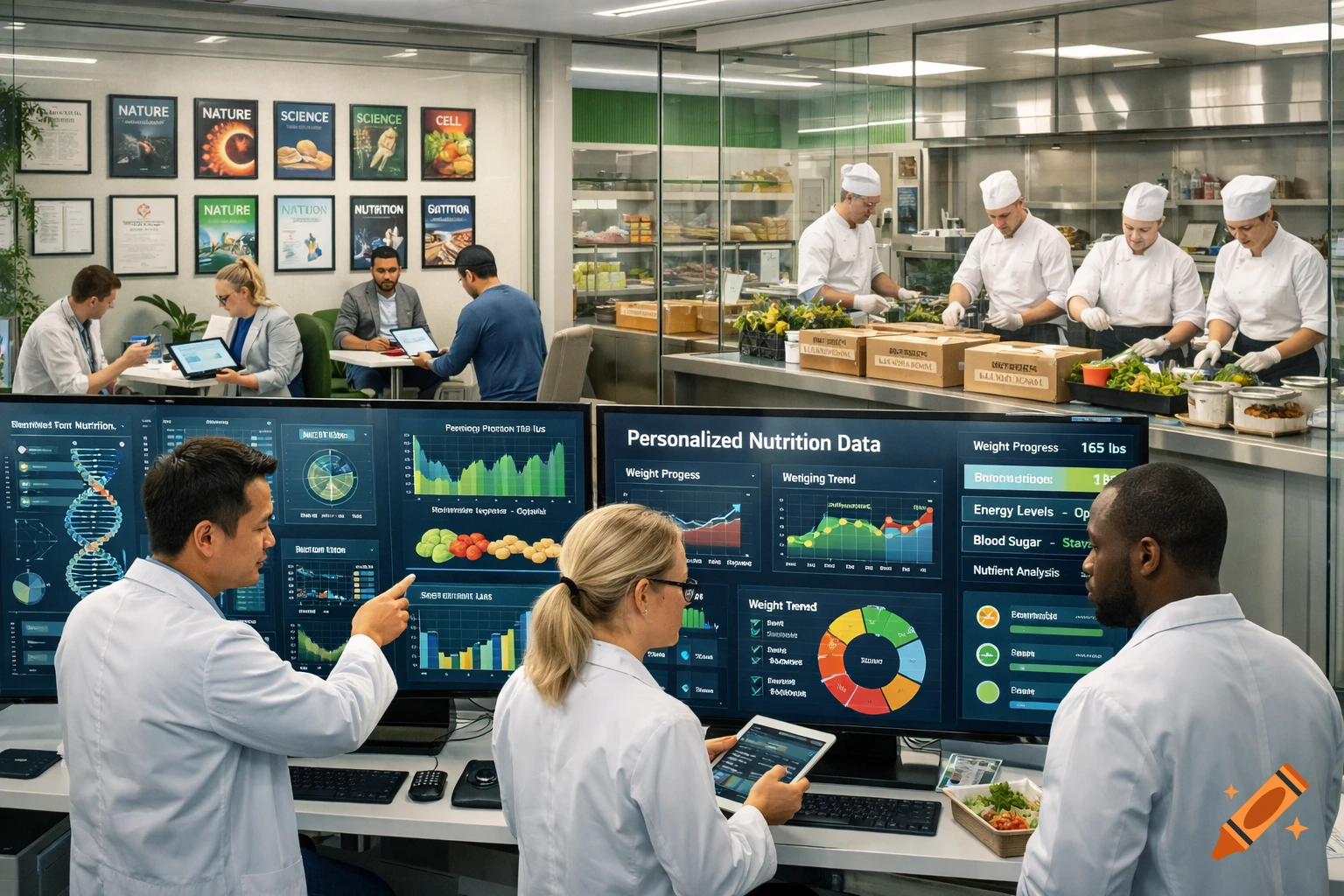 Researchers in lab coats analyze personalized nutrition data on large screens in a modern lab, while chefs prepare healthy meals in the background.