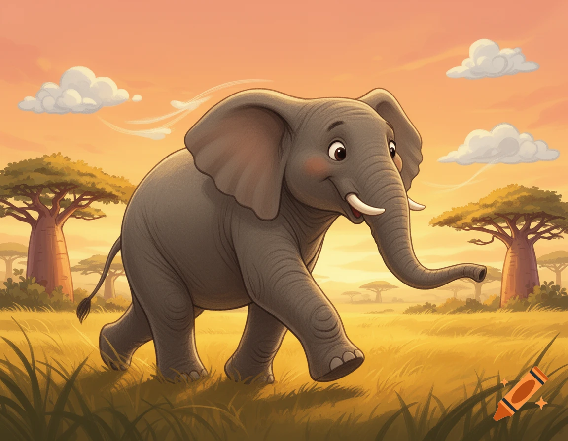 A friendly cartoon African elephant with tusks walks through a golden savanna landscape with baobab trees at sunset.